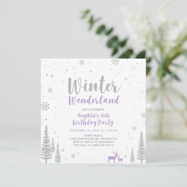 Silver & Purple Vinter Värld Flicktema Födelsedags Inbjudningar (Stående Fram)