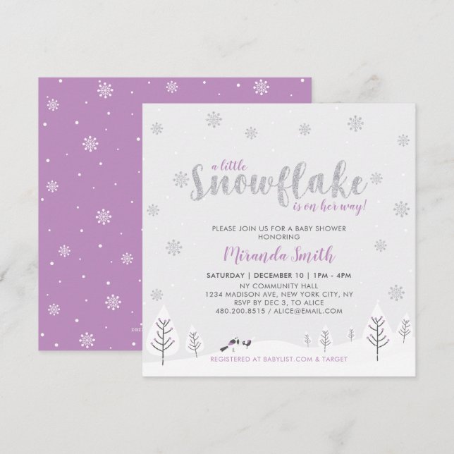 Silver & Purple Vinterundret Flicktema Babyshower Inbjudningar (Fram/baksida)