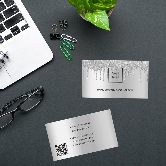 Silver QR-kod glitter droppar hondjur Visitkort (Skapare uppladdad)