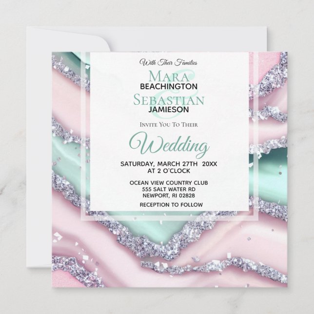 *~* Silver QR MINT ROSA AGATE AR66 OSA Bröllop Inbjudningar (Framsida)