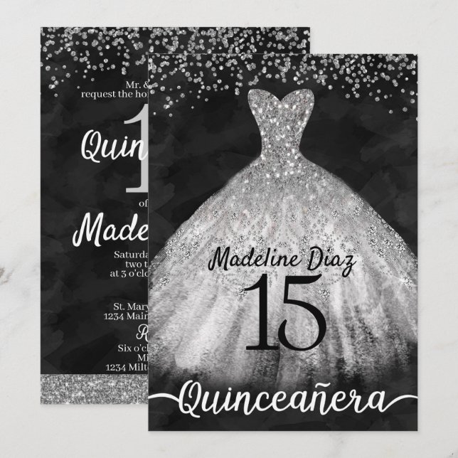 Silver Quinceanera Birthday Inbjudan Cumpleanos (Fram/baksida)
