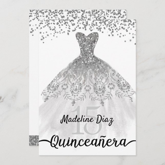 Silver Quinceanera Birthday Inbjudan Cumpleanos (Fram/baksida)