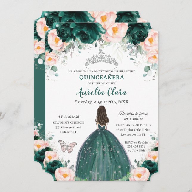 Silver Quinceañera Emerald  Blommigt Princess Inbjudningar (Fram/baksida)