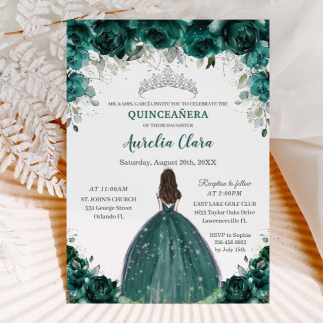 Silver Quinceañera Emerald Grönt Blommigt Princess Inbjudningar (Skapare uppladdad)
