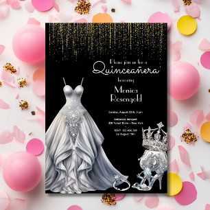 Silver Quinceañera Kunglig Prinsessa Svart Födelse Inbjudningar