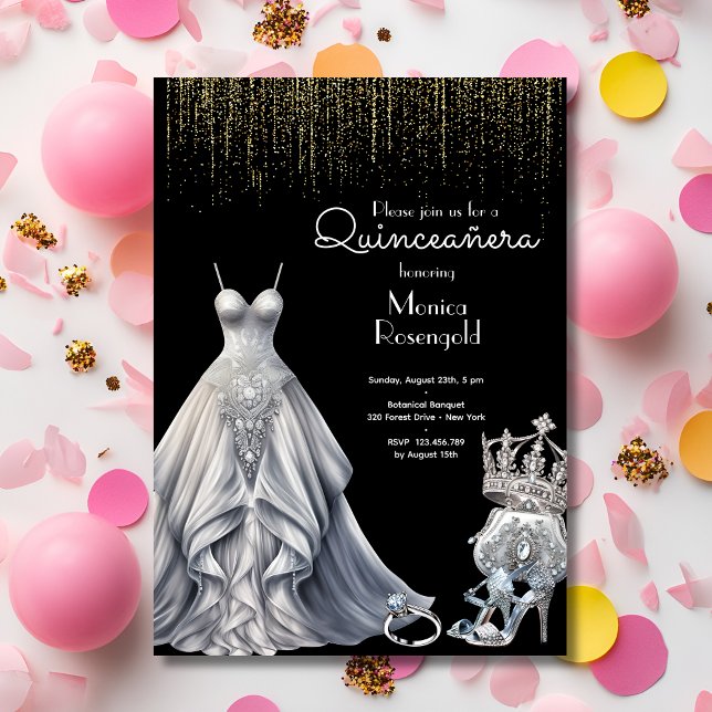 Silver Quinceañera Kunglig Prinsessa Svart Födelse Inbjudningar (Skapare uppladdad)