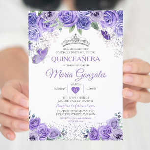 Silver Quinceañera Lila Krona Mexikanska fjäril Inbjudningar