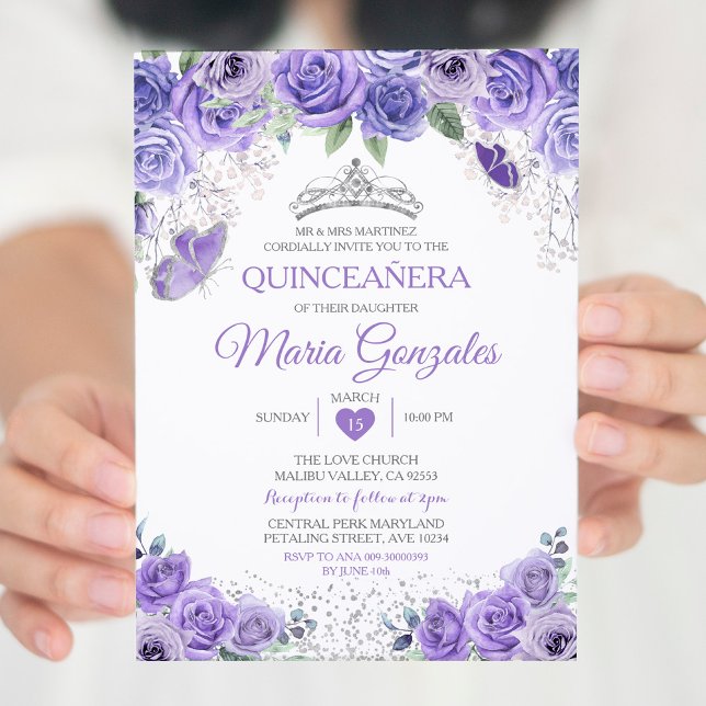 Silver Quinceañera Lila Krona Mexikanska fjäril Inbjudningar (Skapare uppladdad)