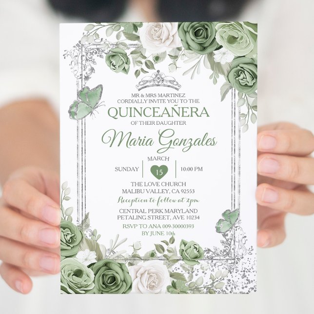 Silver Quinceañera Sage Grönt Krona Butterfly Inbjudningar (Skapare uppladdad)