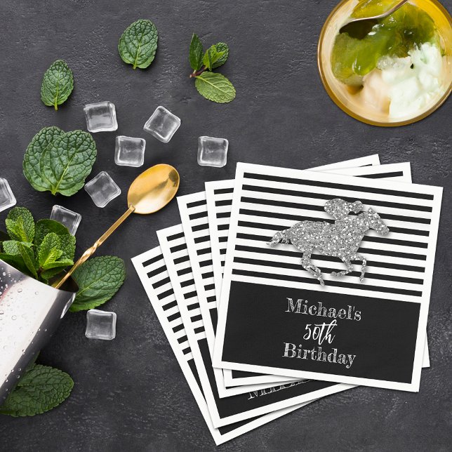 Silver Racehorse Black White Rand Birthday Pappersservett (Silver racehorse and jockey on black and white Stripes birthday party cocktail napkins)