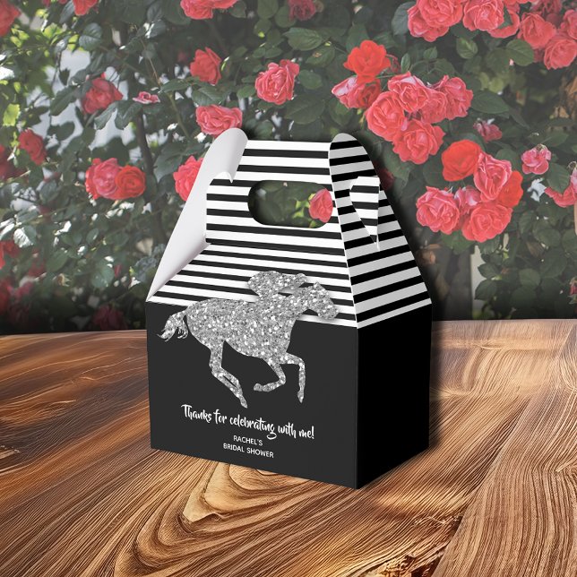 Silver Racehorse Derby Möhippa Presentaskar (Silver racehorse gable-style favor box with  thank you on the front, 4"w x 2.5"l x 5"h)