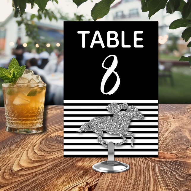 Silver Racehorse on Black & White Rand Bordsnummer (Silver Racehorse on Black & White Stripes Table Number Cards)