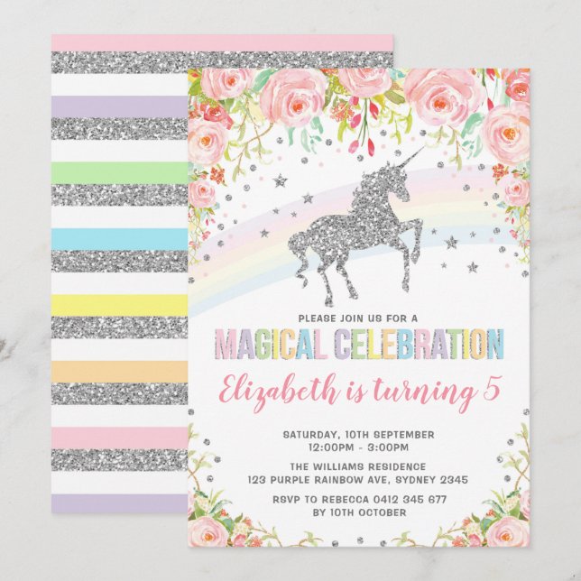 Silver Rainbow Unicorn Födelsedagsfest Inbjudningar (Fram/baksida)