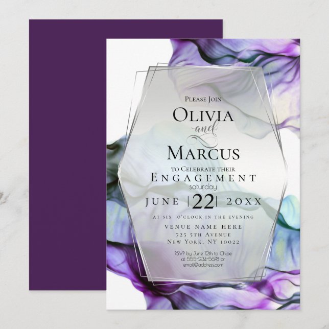 Silver Ram Abstrakt Plum Teal Flowing Bläck Inbjudningar (Fram/baksida)