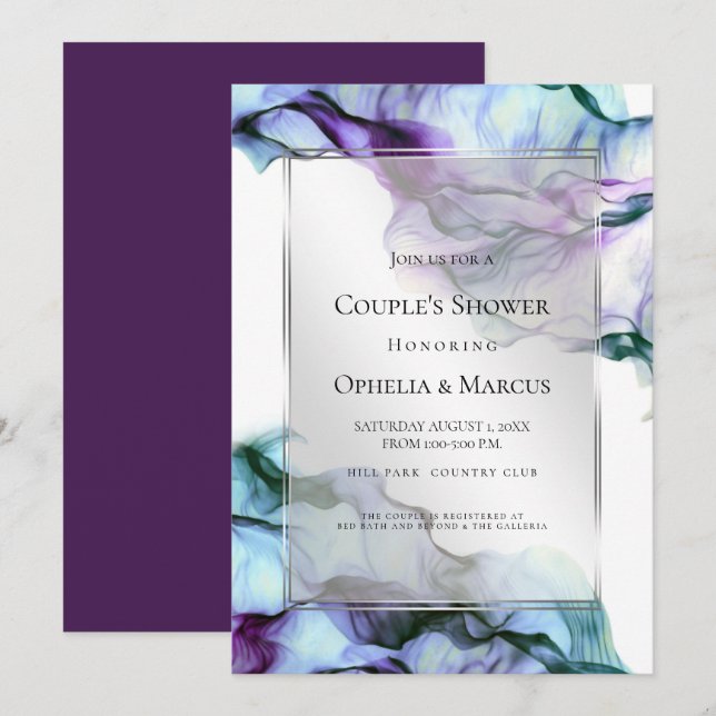 Silver Ram Abstrakt Plum Teal Flowing Bläck Inbjudningar (Fram/baksida)