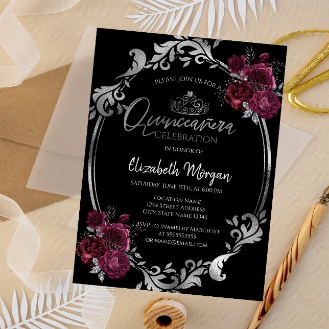 Silver Ram Burgunder Rosor Svart Quinceañera Inbjudningar (Skapare uppladdad)
