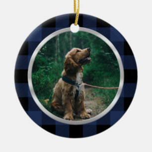 Silver Ram Hund Photo Navy Blue Play Tartan Julgransprydnad Keramik