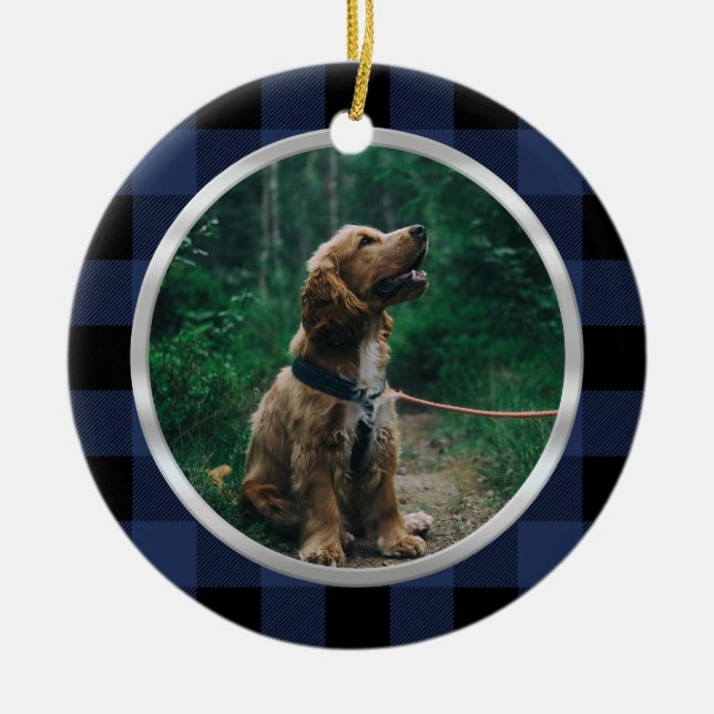 Silver Ram Hund Photo Navy Blue Play Tartan Julgransprydnad Keramik (Framsidan)