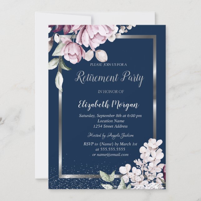 Silver ram Lavendel blommor Pensionering Inbjudningar (Framsida)