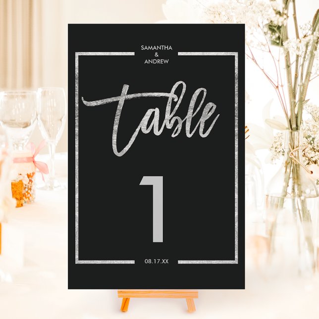 Silver ram-skript, svart bordsnummer (Silver frame script black table number)