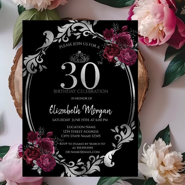 Silver Ram Svarta Rosor 30-årsdag Inbjudningar (Skapare uppladdad)