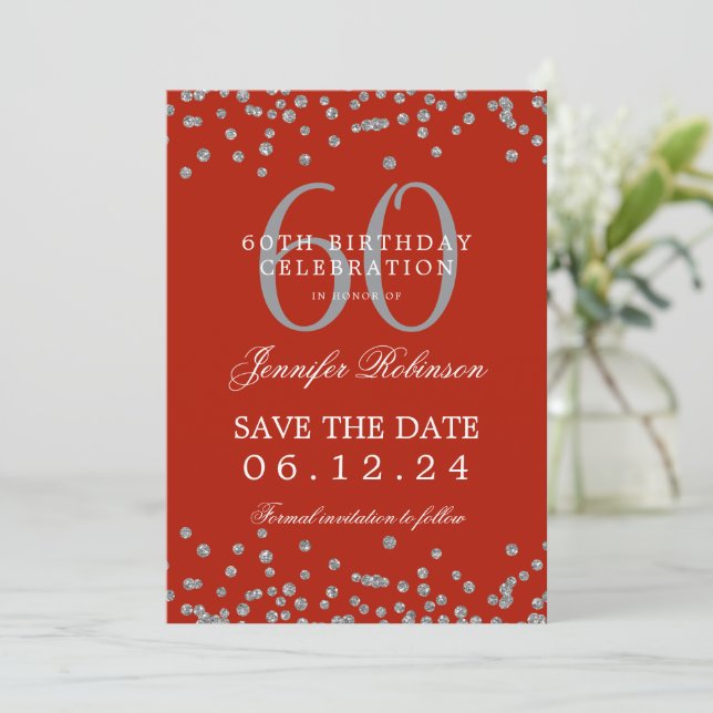 Silver Red 60 Birthday Spara Date Confetti Inbjudningar (Stående Fram)