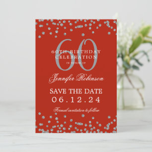 Silver Red 60 Birthday Spara Date Confetti Inbjudningar