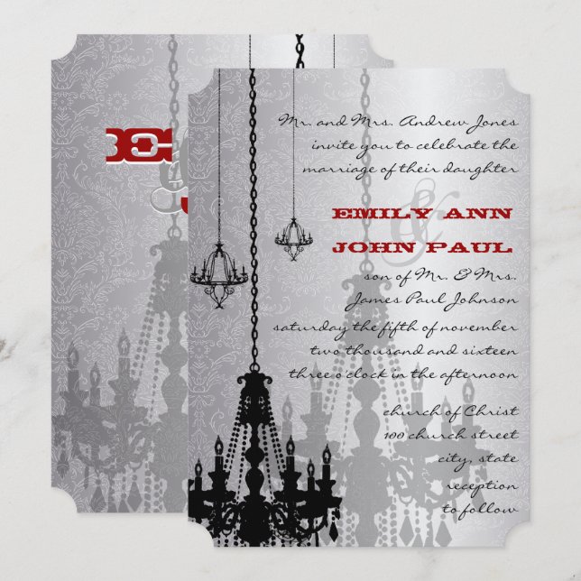 Silver Red & Black Chandeliers Damask Wedding Inbjudningar (Fram/baksida)