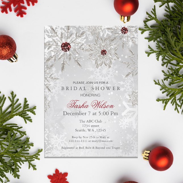 Silver Red Crystal Snöflingor Winter Möhippa Inbjudningar (Silver Red Crystal Snowflakes Winter Bridal Shower Invitation)