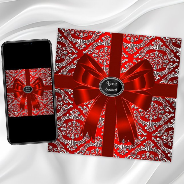 Silver Red Damask Corporate jul Party Inbjudningar (Rd silver any occasion invitation. Instant download and printed invitations available.)