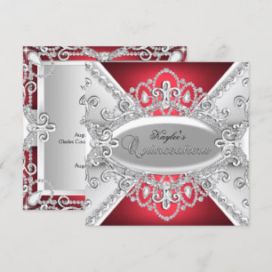 Silver & Red Diamond Damask Quinceañera-inbjudan Inbjudningar