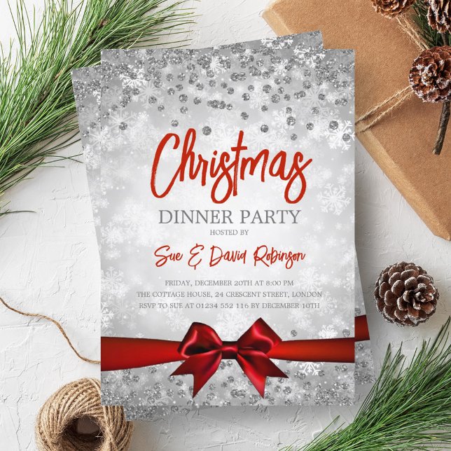 Silver Red Glitter Ribbon jul Helgdag Inbjudningar (Silver Red Glitter Ribbon Christmas Holiday Invitation)