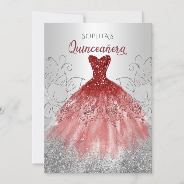 Silver Red Gnistra Dress Quinceañera Quince Inbjudningar (Framsida)