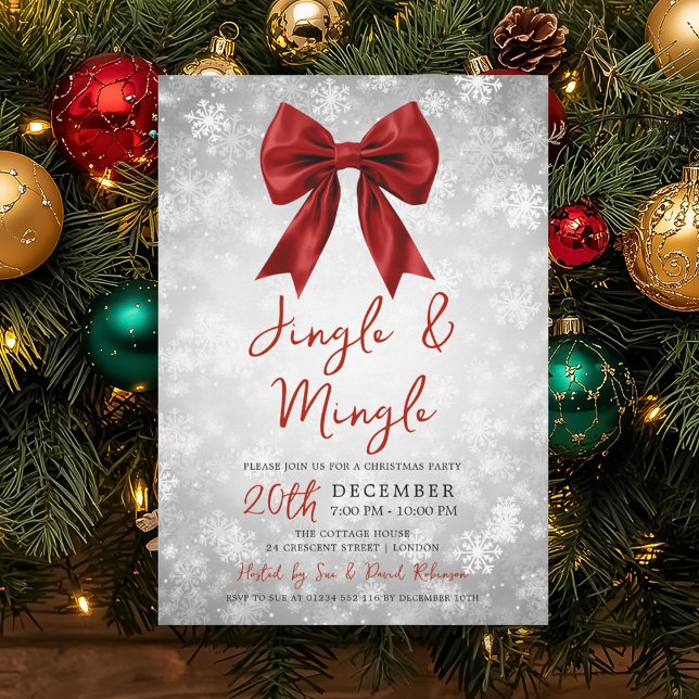 Silver Red Jingle Mingle Christmas Party Bow Snow  Inbjudningar (Silver Red Jingle Mingle Christmas Party Bow Snow Invitation)