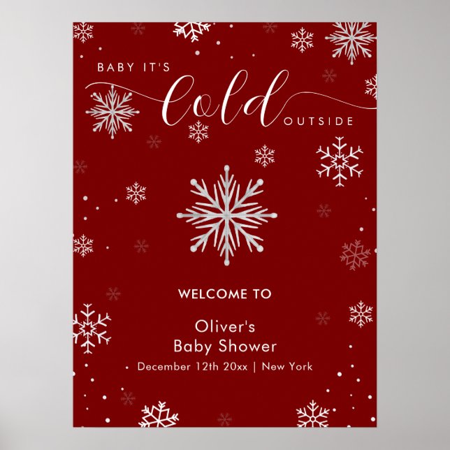 Silver Red Magical Snowflake Baby Shower Welcome  Poster (Framsidan)