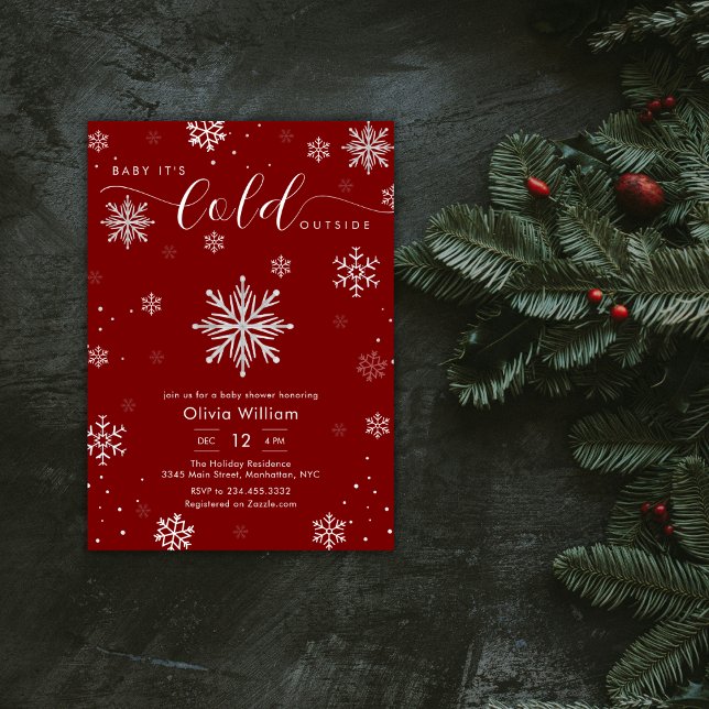 Silver Red Magical Winter Snowflake Baby Shower  Inbjudningar (Silver Red Magical Winter Snowflake Baby Shower Invitation)