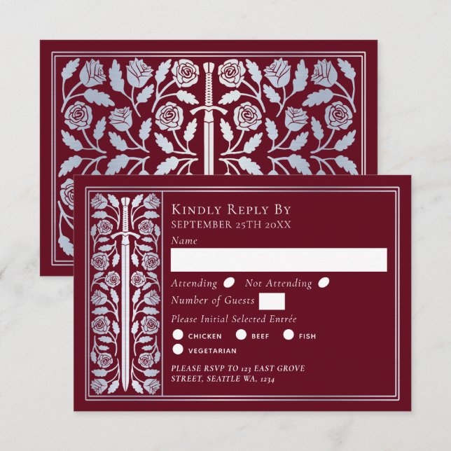 Silver Red Medieval Sword Wedding RSVP OSA Kort (Fram/baksida)