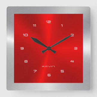 Silver & Red & Metallic Stainless Steel Square Fyrkantig Klocka