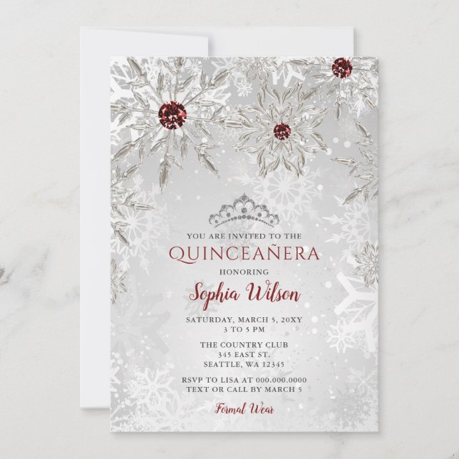 Silver Red Snöflingor Tiara Quinceañera Inbjudningar (Framsida)