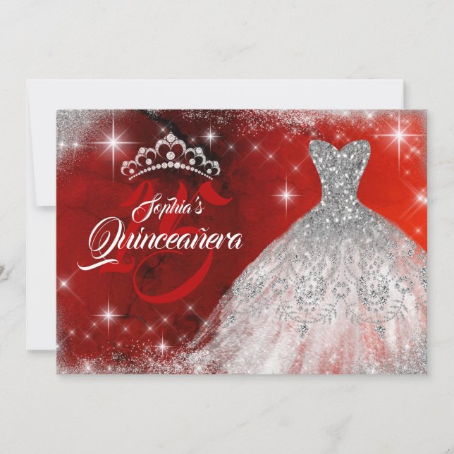 Silver Red Snöre Diamond Gown Tiara Quinceanera Inbjudningar (Framsida)