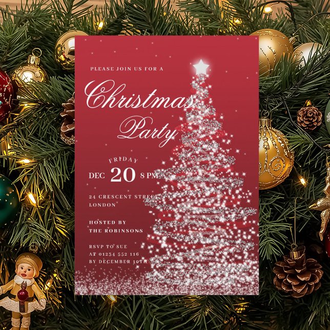 Silver Red Winter Christmas Tree Holiday Party  Inbjudningar (Silver Red Winter Christmas Tree Holiday Party Invitation)