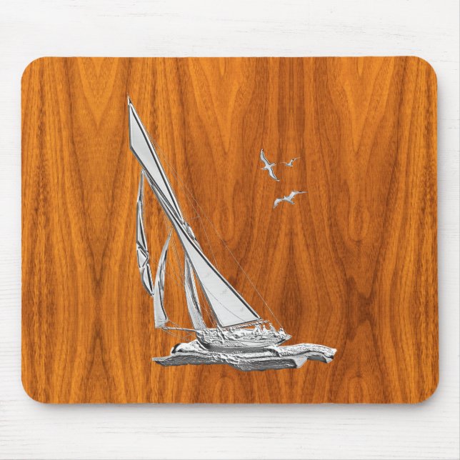 Silver Regatta Sailboat på Teak Veneer Musmatta (Framsidan)