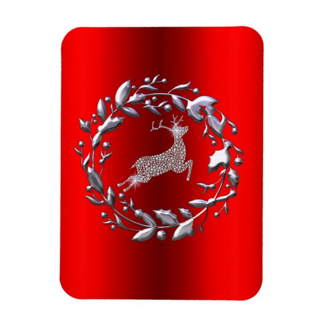 Silver Reindeer på Röd jul Magnet (Vertikal)