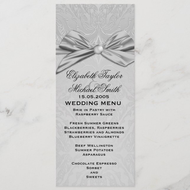 Silver Ribbon Elegant Damask Wedding Menu Meny (Framsida)