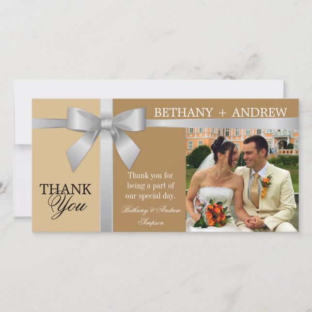 Silver Ribbon och Antique Guld Bröllop Tack Kort (Framsida)
