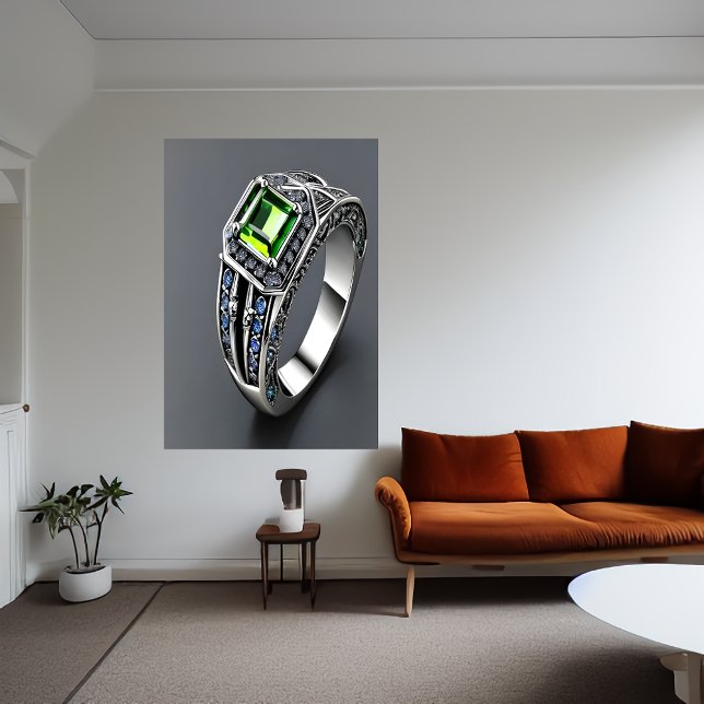 Silver ring, grönt och blå gemsten | AI Art Poster (Skapare uppladdad)