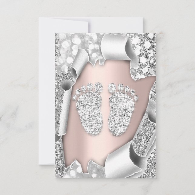 Silver Ro Baby Shower Feet Boy Glitter Girl Inbjudningar (Baksida)