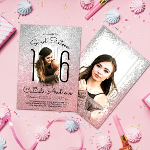 Silver Ro Guld Glitter Ombre Halo Photo Sweet 16 Inbjudningar