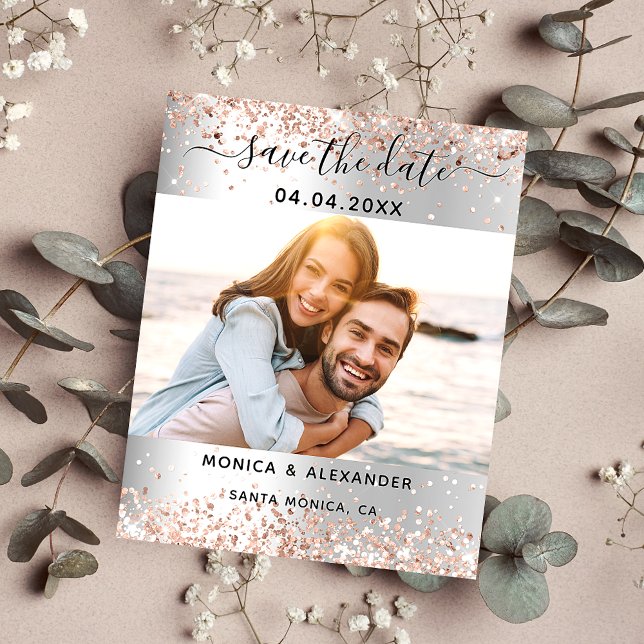 Silver ro guld-miniatyrdiagram bröllop spara datum flygblad (Skapare uppladdad)