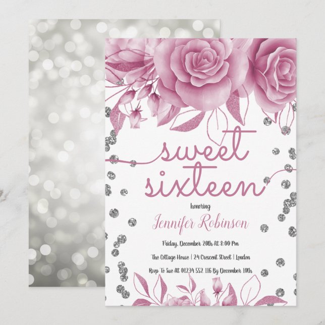 Silver Ro Rosa Sweet 16 | BLOMMIGT GLITTER LJUS Inbjudningar (Fram/baksida)